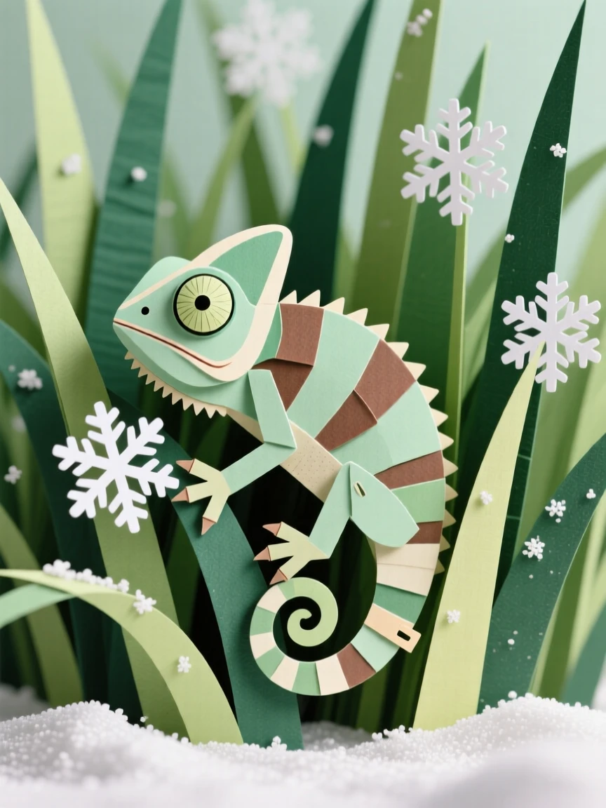 A tiny chameleon peeking out from tall grass, with fresh snowflakes settling on its coat, evoking innocent charm and gentle curiosity.
