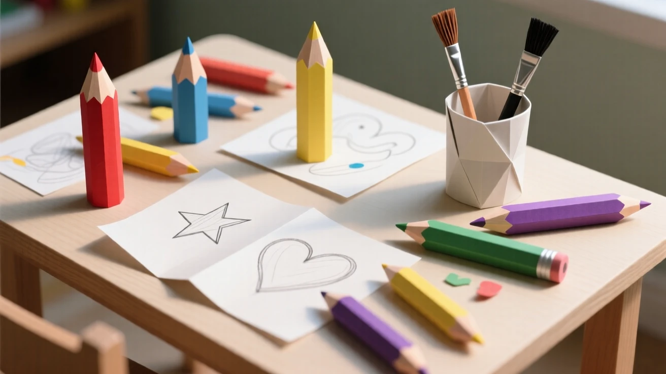 A child's art table covered in colored pencils, half-finished drawings, and a cup of paintbrushes.