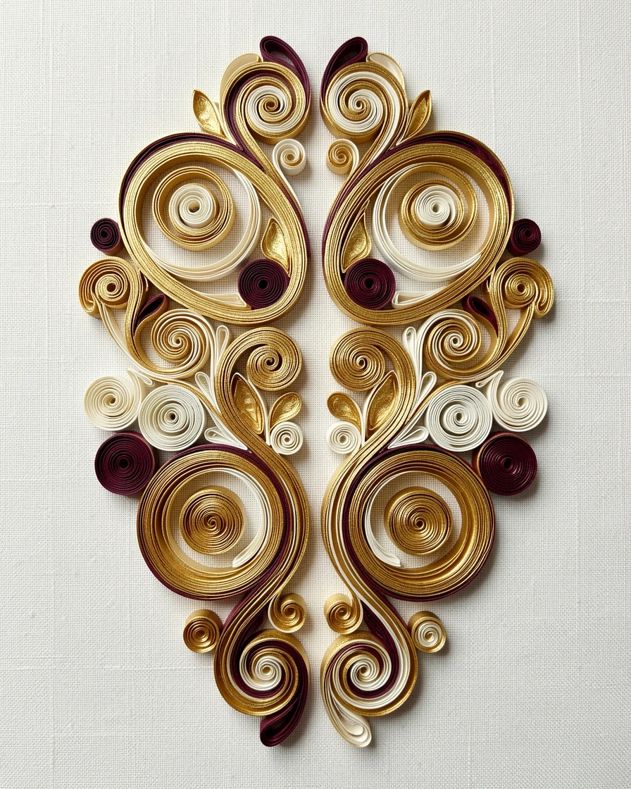 An elegant design featuring a cascading arrangement of interlocking spirals and curls, balanced with mirrored symmetry on both sides, in shades of gold, ivory, and deep burgundy, displayed on a textured linen backdrop.