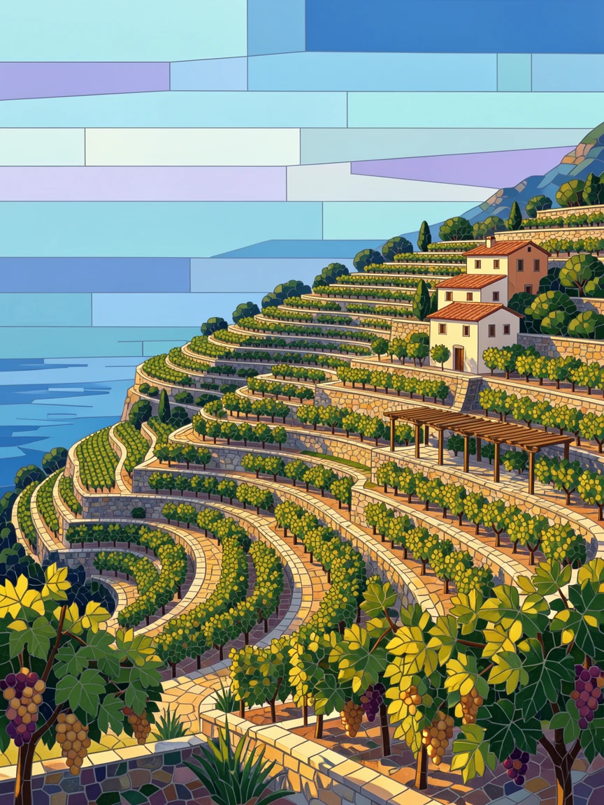 A breathtaking wide-angle view of the terraced vineyards of the Amalfi Coast overlooking the sea, with rich warm lighting and fine architectural detail.