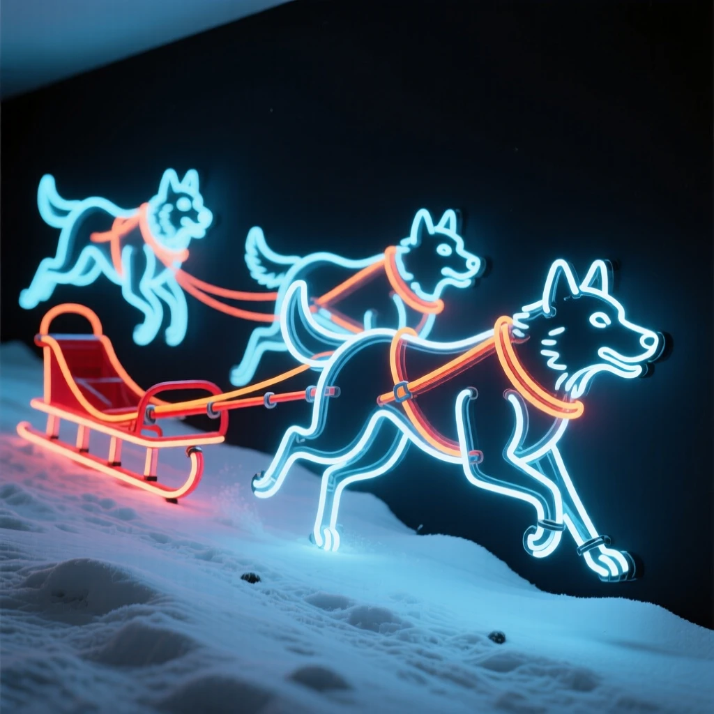 A team of huskies racing across a snowy trail pulling a sled.