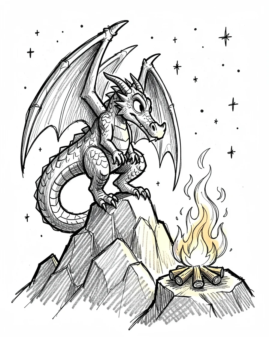 A dragon perched atop a mountain peak beside a bonfire under starlight.
