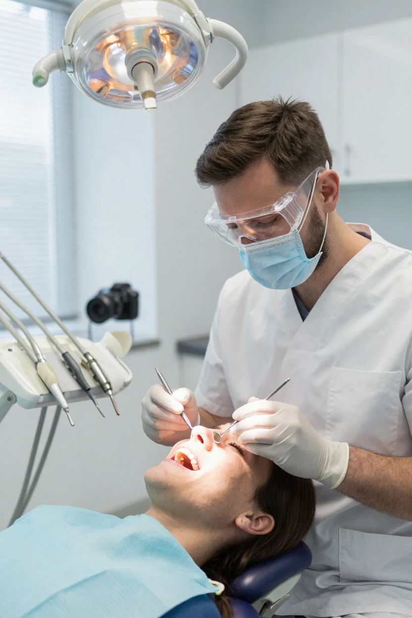 A dentist examining a patient's teeth with focused precision