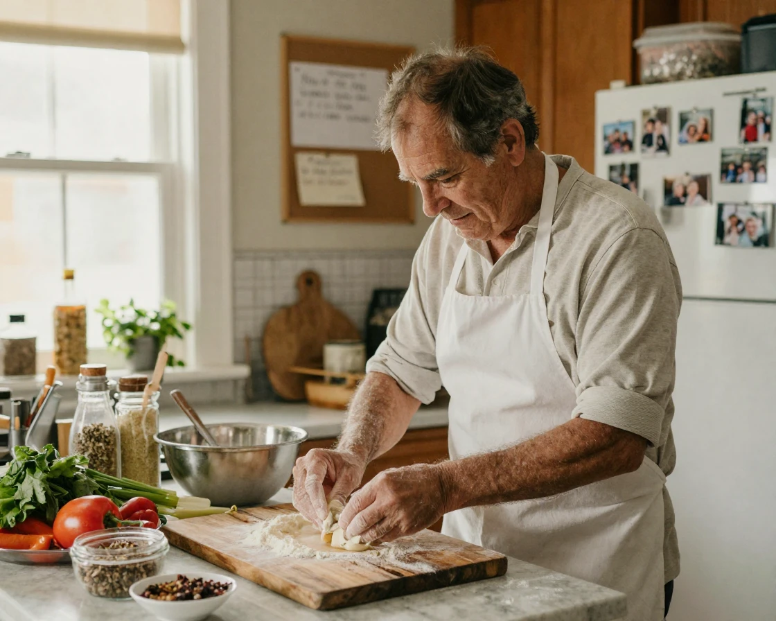A retired chef prepares a family recipe from memory, no cookbook in sight.