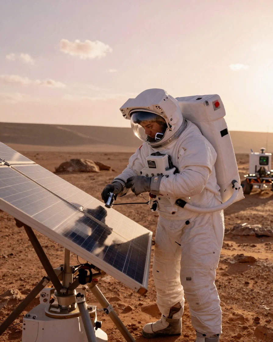 A young astronomer repairing solar panels during a spacewalk on the dusty surface of Mars