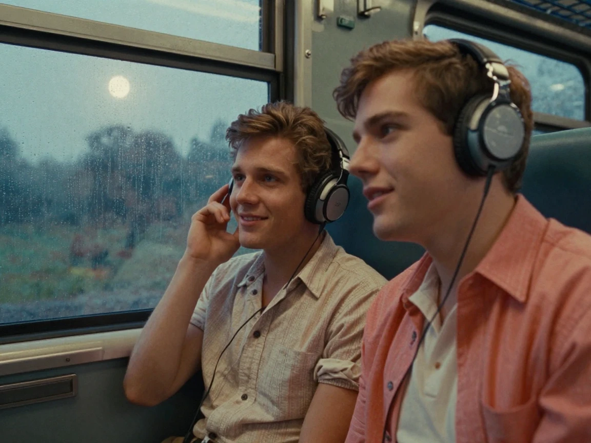 Two friends sharing headphones on a long train journey, under moonlight, under a light drizzle, in early spring, in vivid coral and turquoise hues, in a tight close-up.