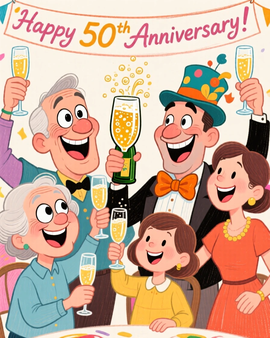 A family gathered for a milestone anniversary celebration, toasting with champagne glasses.