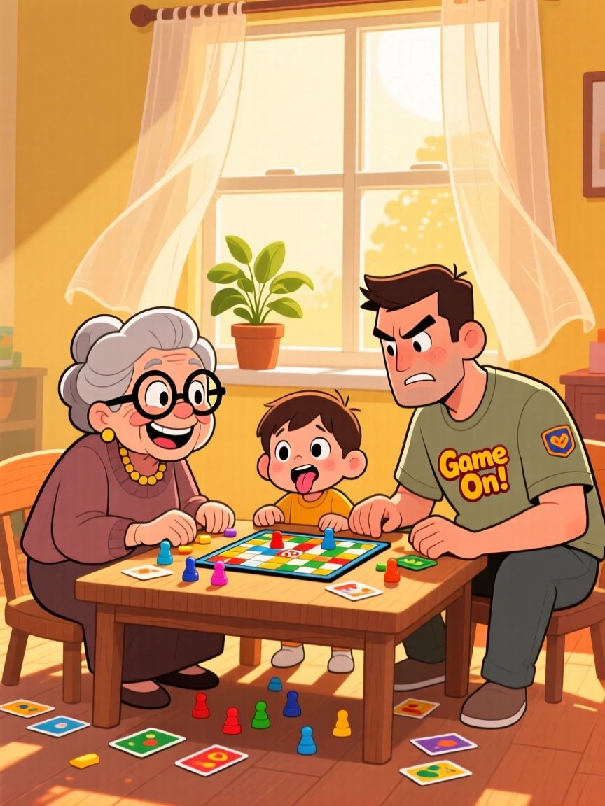 A heartwarming scene of three generations of one family playing a board game that has clearly gotten too competitive, as golden sunlight streams through the window.