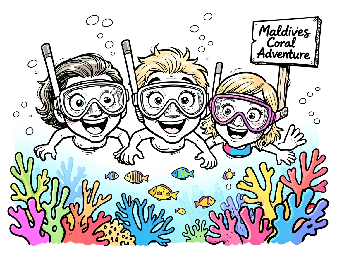 [Travel & Cultural Experiences] Vivid travel scene of a family exploring colorful coral reefs while snorkeling in the Maldives, full of wonder and adventure