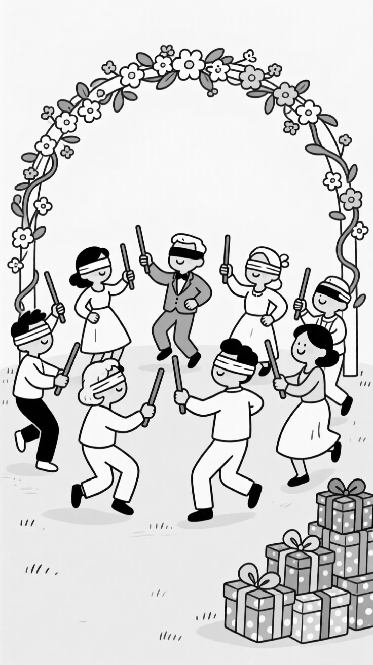 An entire village dancing together in a circle, swinging a stick with eyes comically covered by a blindfold, set beneath a flower-covered wedding arch. A stack of gifts wrapped in bright paper waits nearby. The image feels like a snapshot of pure, collective happiness.