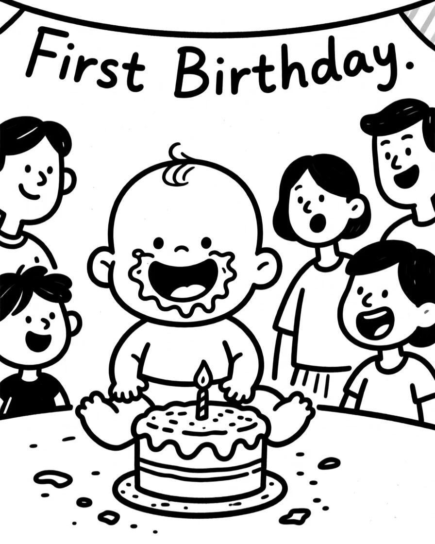 A baby's first birthday party with a smash cake and delighted messy grin.