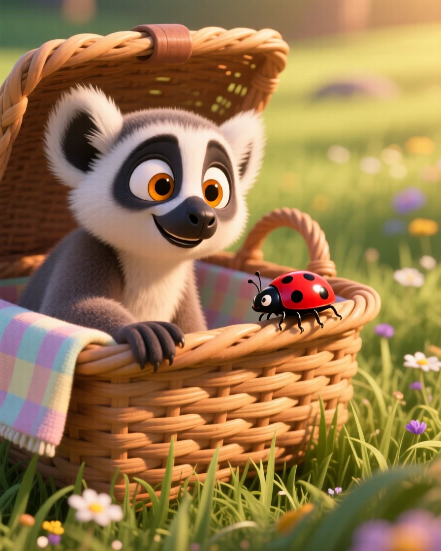 A wide-eyed lemur is peeking out of a picnic basket, watching a ladybug crawl by. Innocent curiosity shines through the moment, with a faint smile-like expression.