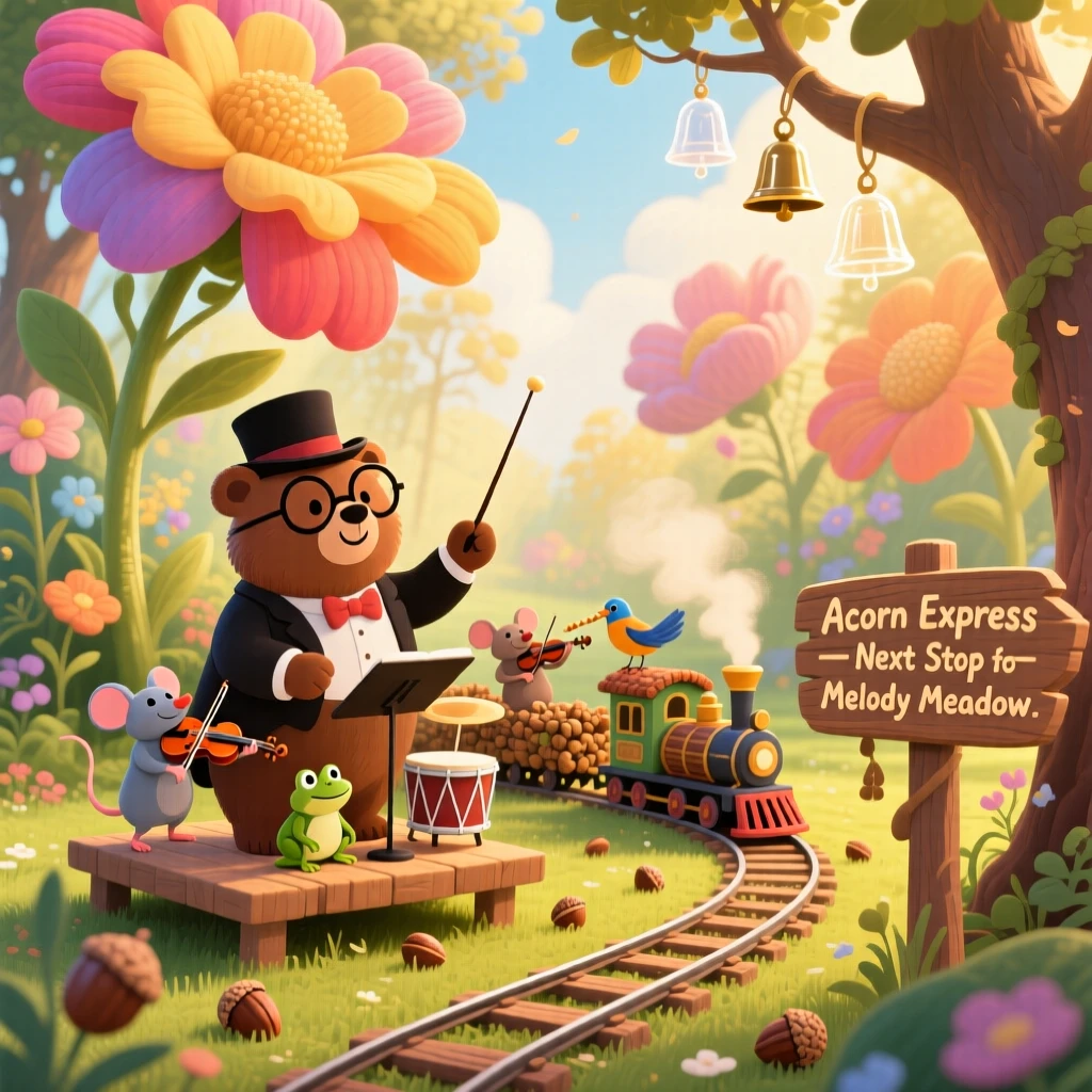 A bear conducting a tiny orchestra is operating a tiny train that runs on acorns in a garden where flowers grow taller than trees, while soft chimes ring from unseen bells.