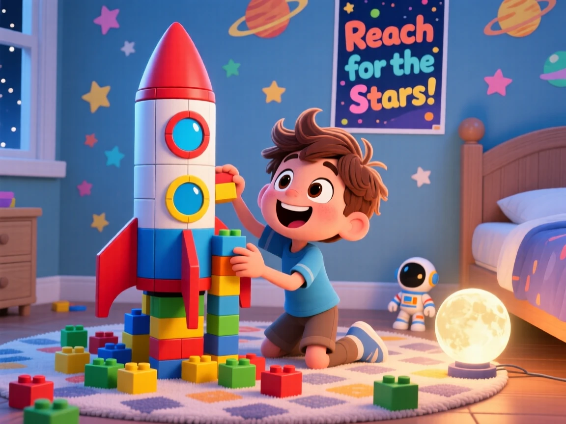 A boy building an imaginary rocket ship out of blocks in his bedroom.