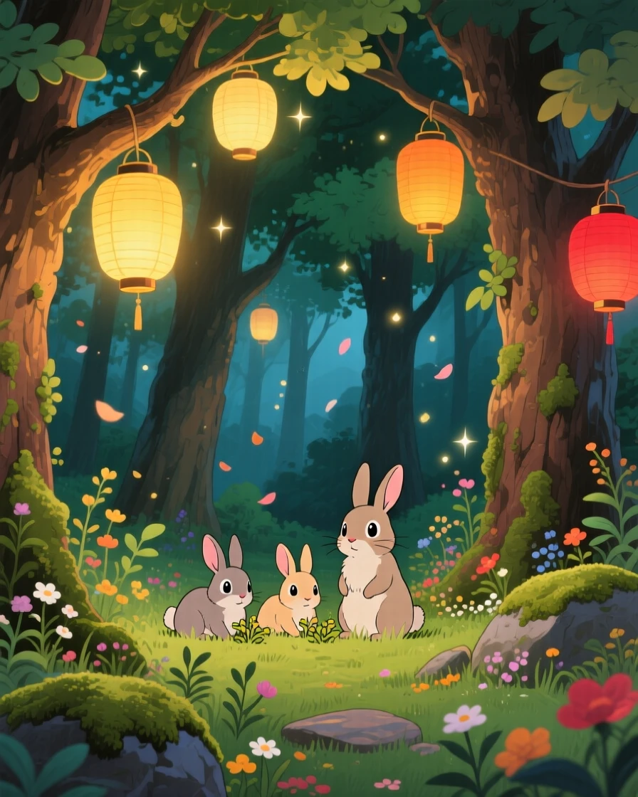 A grove of trees strung with delicate paper lanterns, a family of rabbits nibbling at the undergrowth, creating a scene of quiet natural magic.