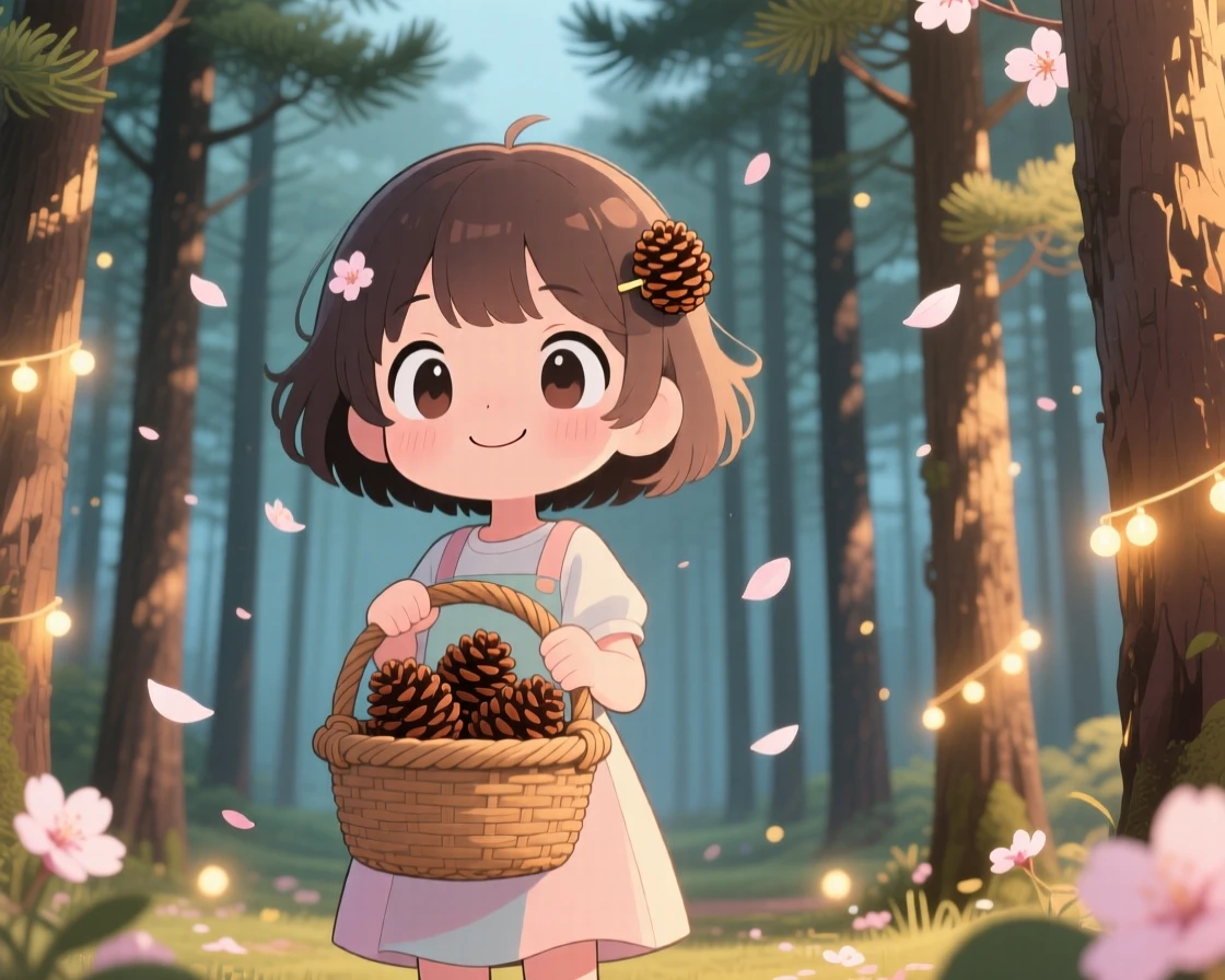 A young girl collecting pinecones in a woven basket in a quiet pine forest as cherry blossom petals drift on the breeze; warm fairy-light glow washes over the scene as brave confidence fills the moment. Symmetrical front-on view.