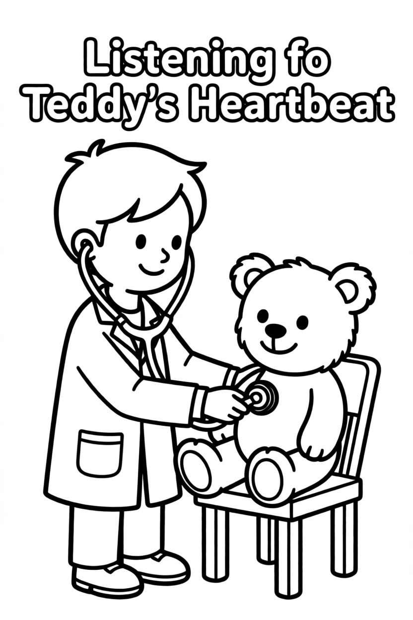 A doctor listening to a teddy bear's heartbeat with a stethoscope