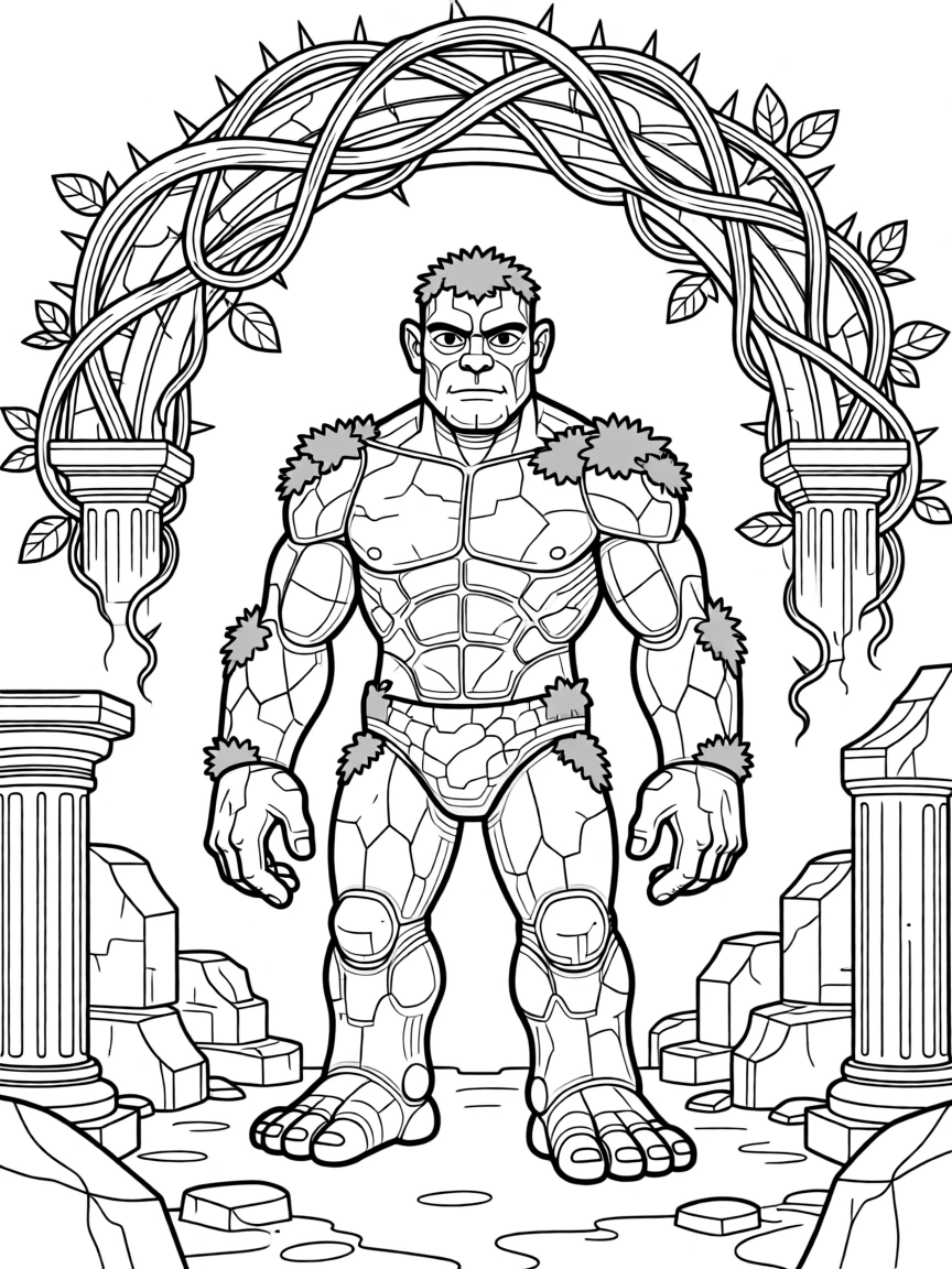 A golem made of stone and moss standing in ruins, with tangled thorns forming an archway above.