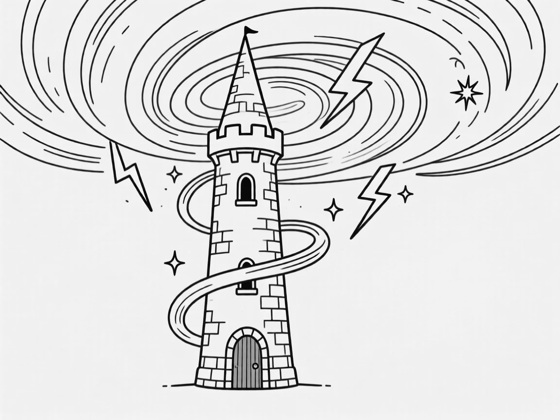 A wizard's tower rising above a swirling magical storm