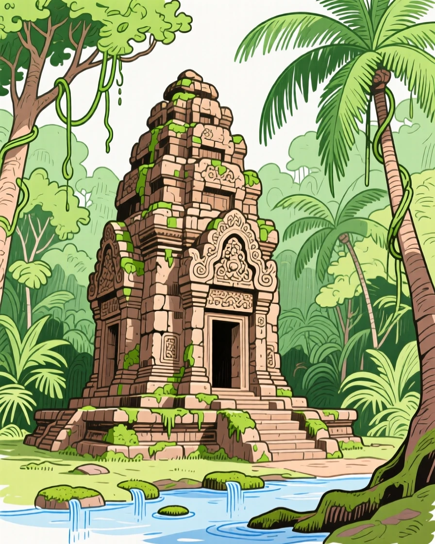 An ancient stone temple nestled among jungle trees.