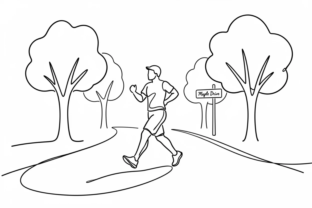 A morning jog along a quiet tree-lined neighborhood street