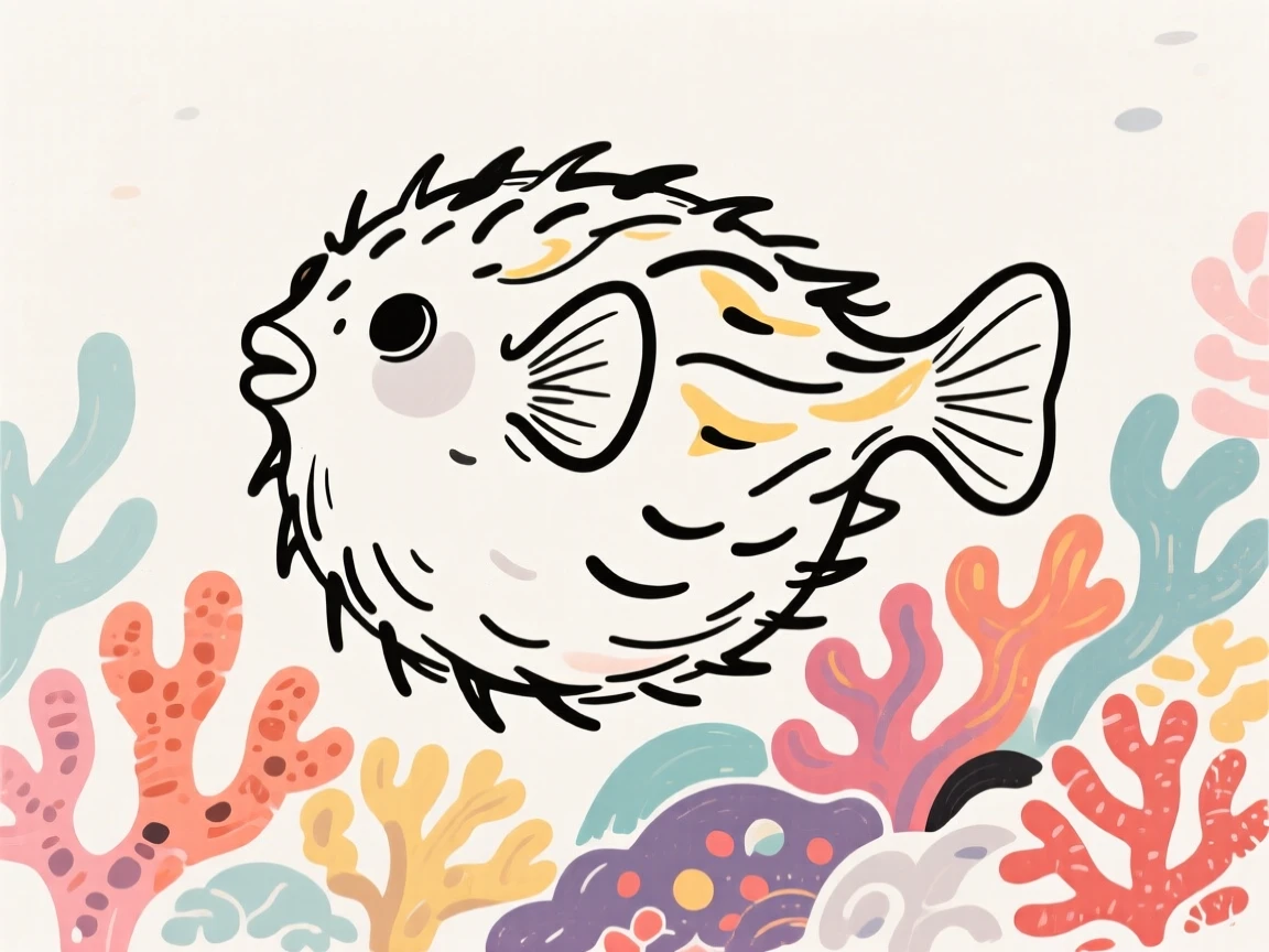 A pufferfish inflating itself among a bed of colorful coral.