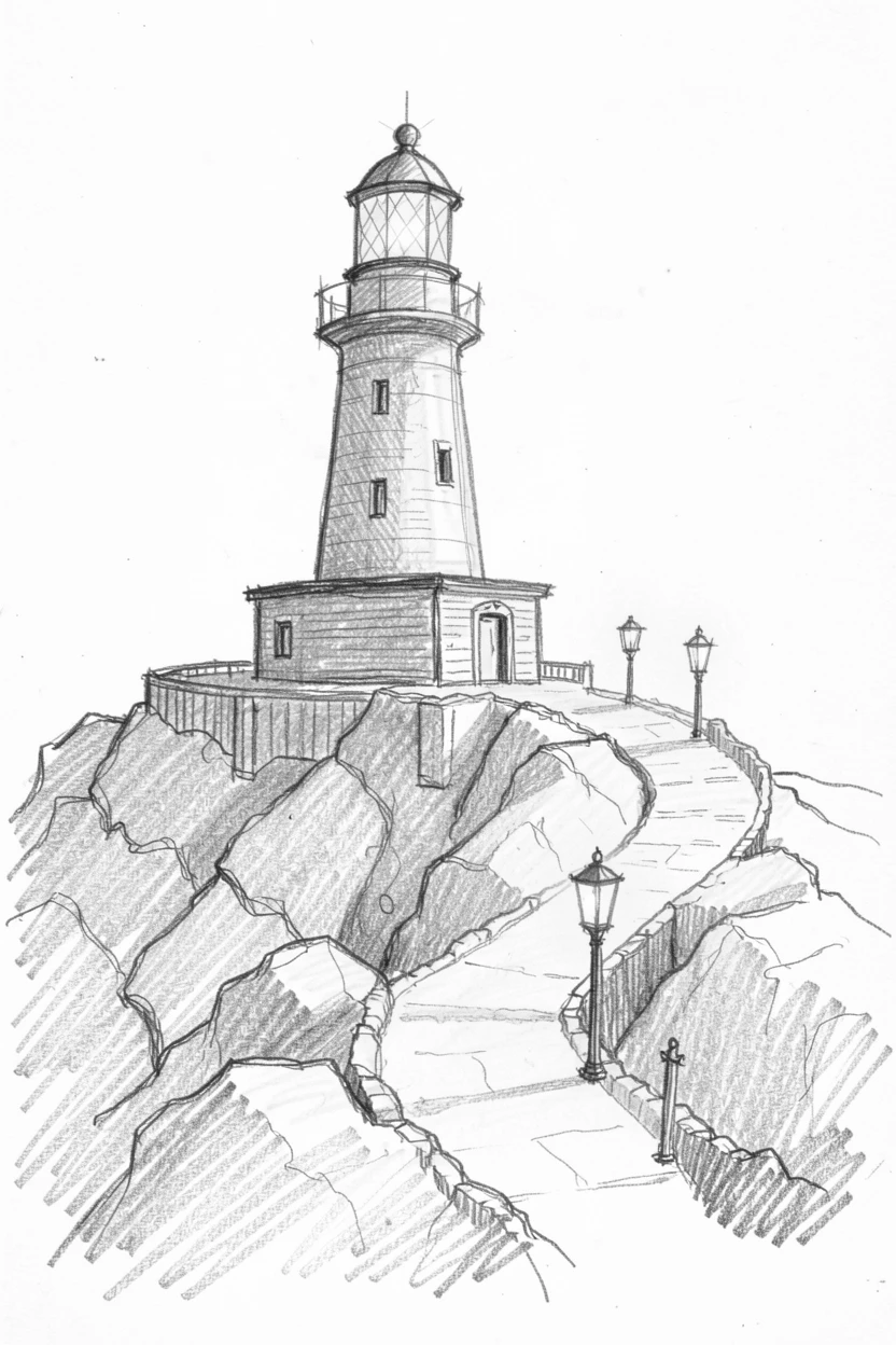 Sweeping architectural view of an old lighthouse on a rocky point, bathed in warm afternoon light, with lanterns glowing along the pathway.
