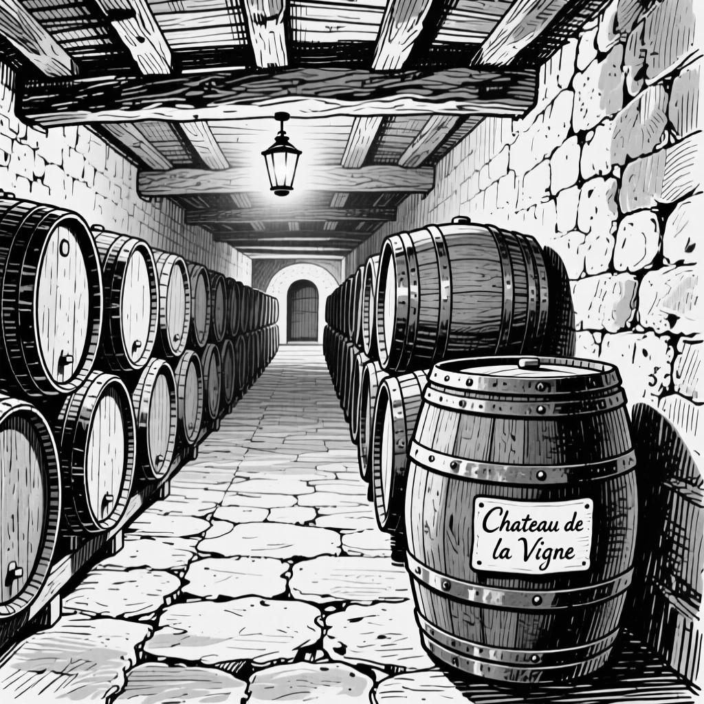 A rustic winery cellar lined with wooden barrels stretching into the distance.