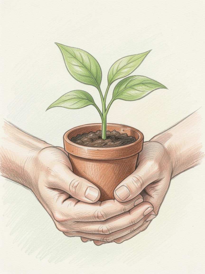 A pair of hands holding a small potted seedling, with gentle, harmonious colors throughout the scene, perfect for a calming, meditative atmosphere.
