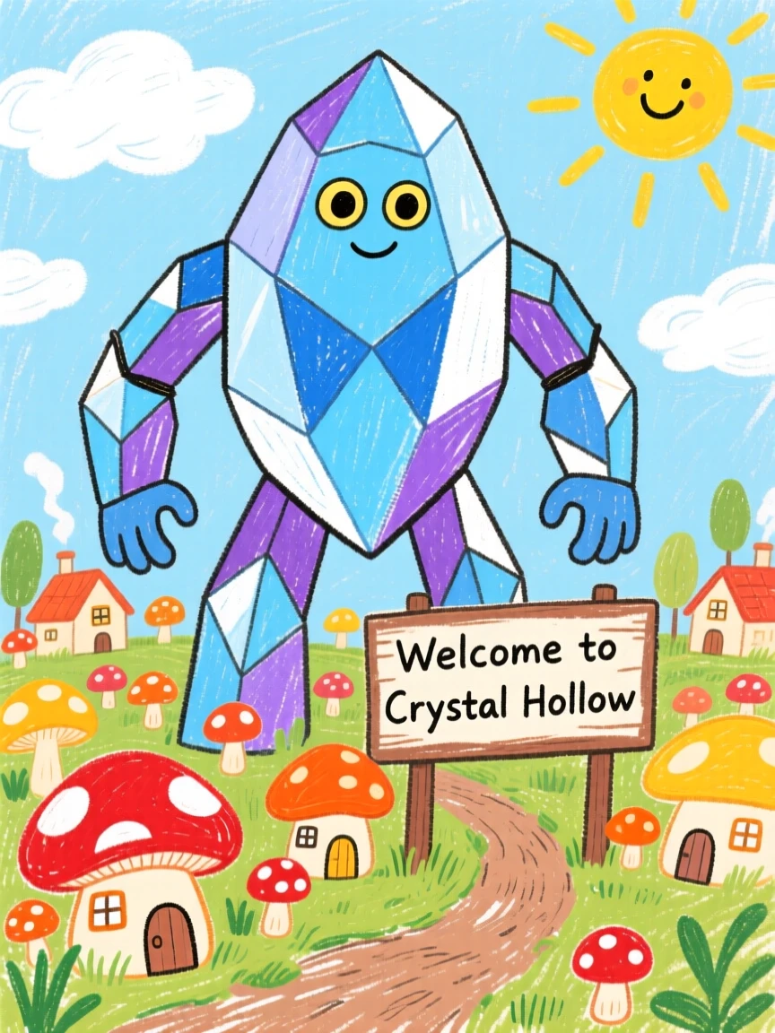 A crystal golem watching over a village of tiny mushroom houses.
