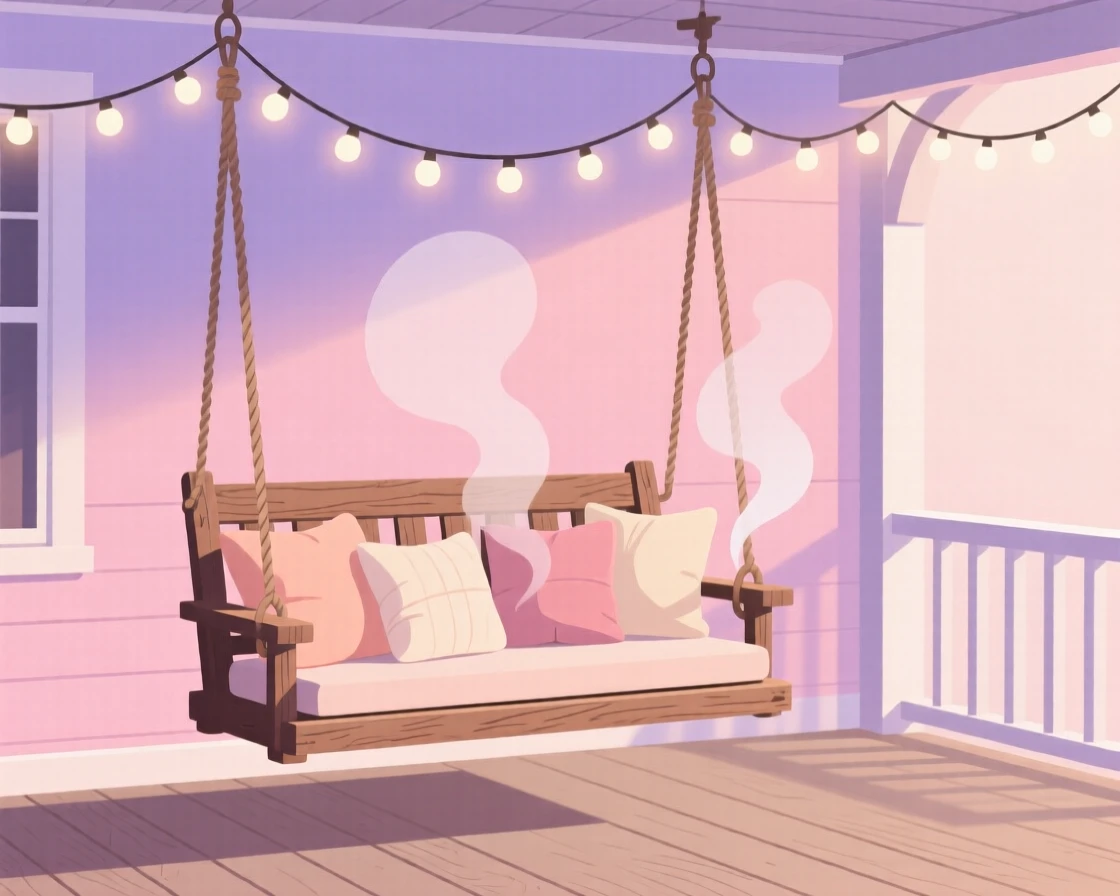 A cozy porch swing decorated with soft cushions and string lights, set against a backdrop of pastel-colored walls, composed with a warm, inviting sense of everyday simplicity, with subtle steam rising to add a warm, lived-in feel.