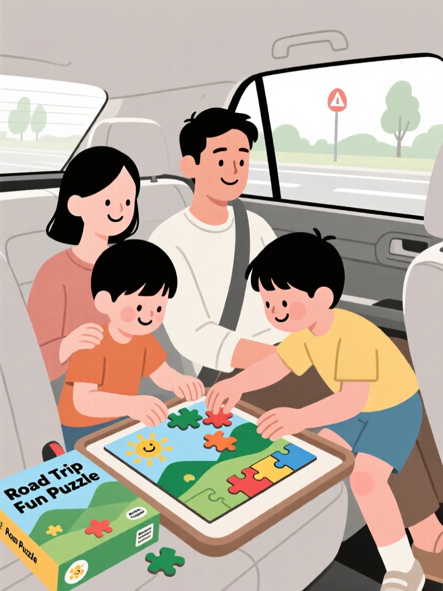 A family putting together a puzzle together during a road trip.