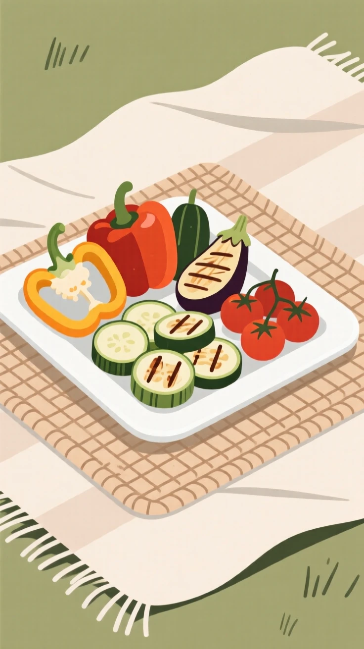 A freshly prepared platter of grilled vegetables served on a woven placemat, set in an outdoor picnic setting, inviting warm comfort.