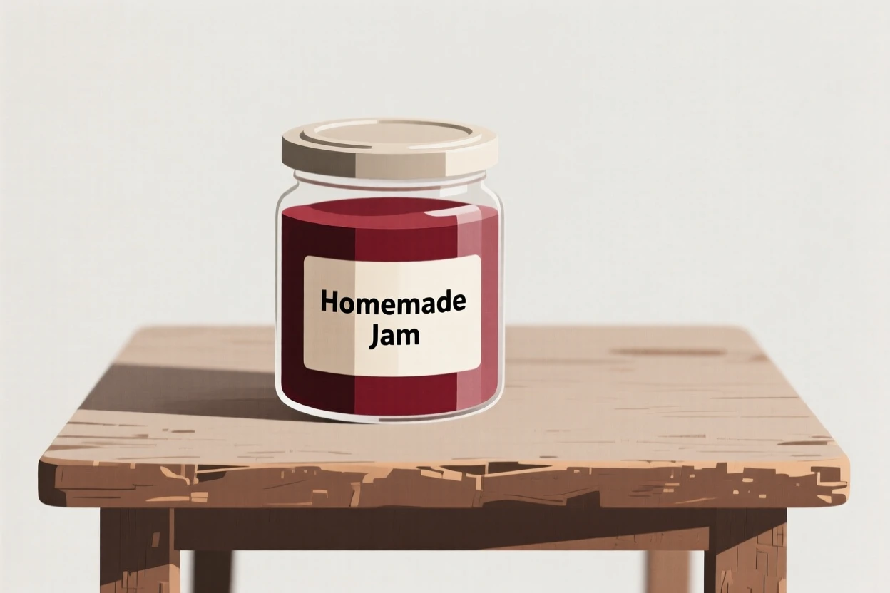 A jar of homemade jam on a rustic table