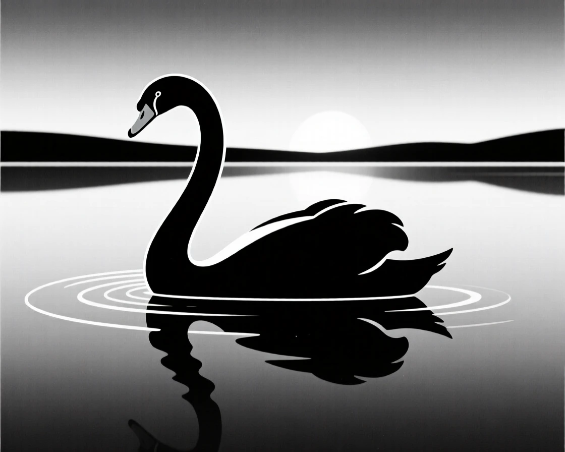 A swan gliding across a glassy lake at dawn.