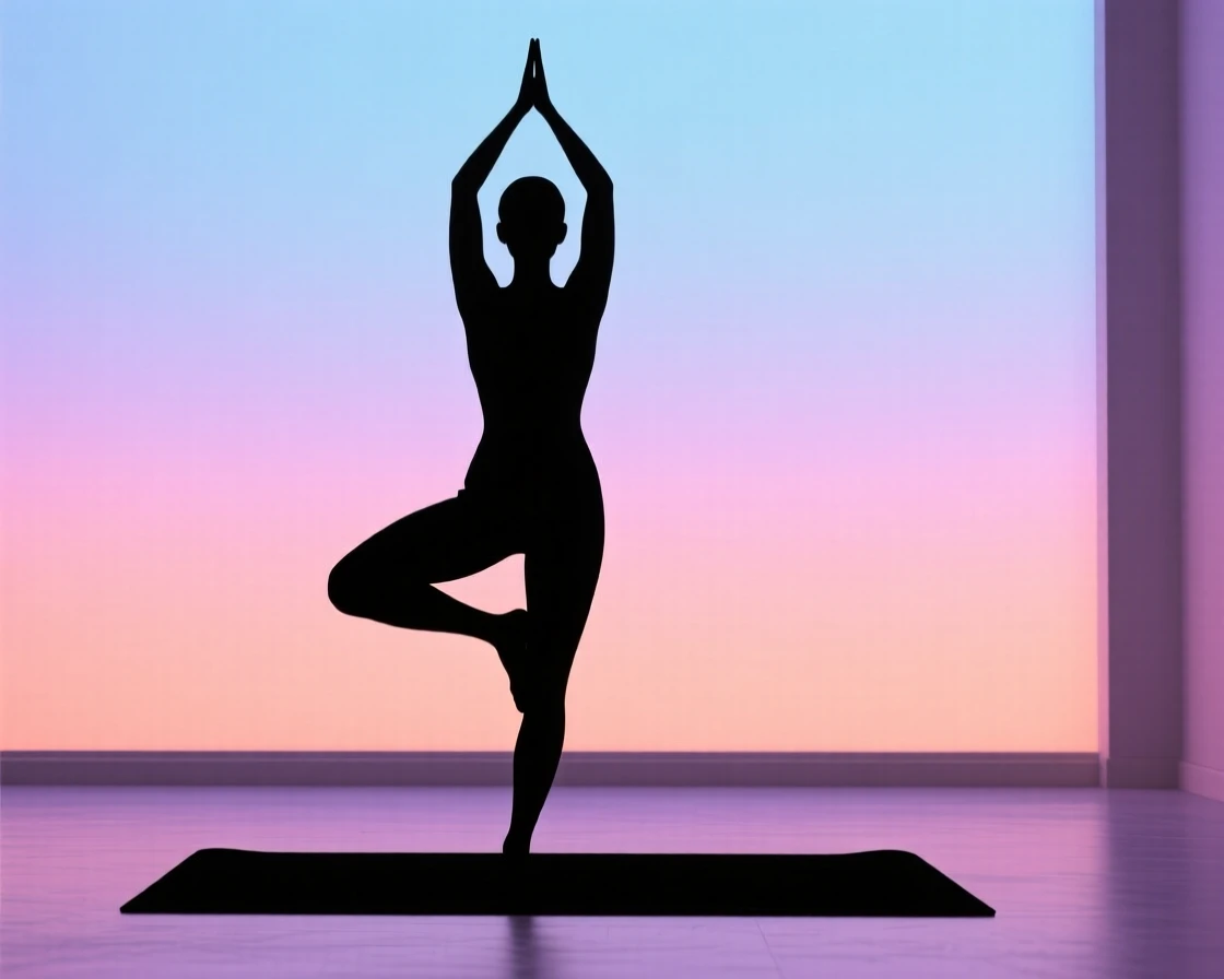 A yogi holding a balanced tree pose on a quiet studio floor.
