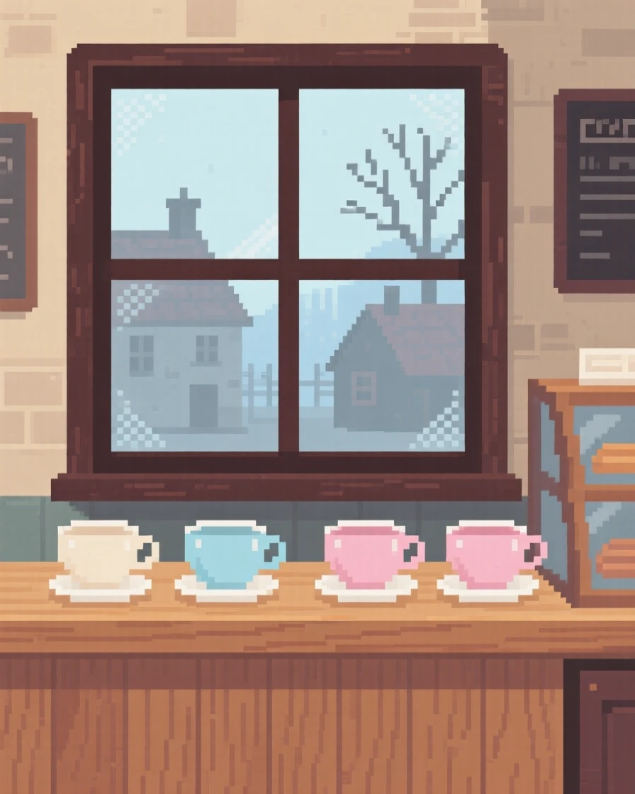 A bakery counter arranged with teacups and a fogged-up window, in a village bakery before opening hours.