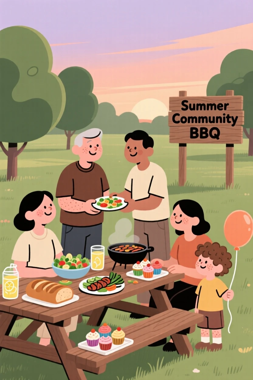 Neighbors gather for a summer barbecue in the local park, sharing homemade dishes and conversation as laughter fills the warm evening air.