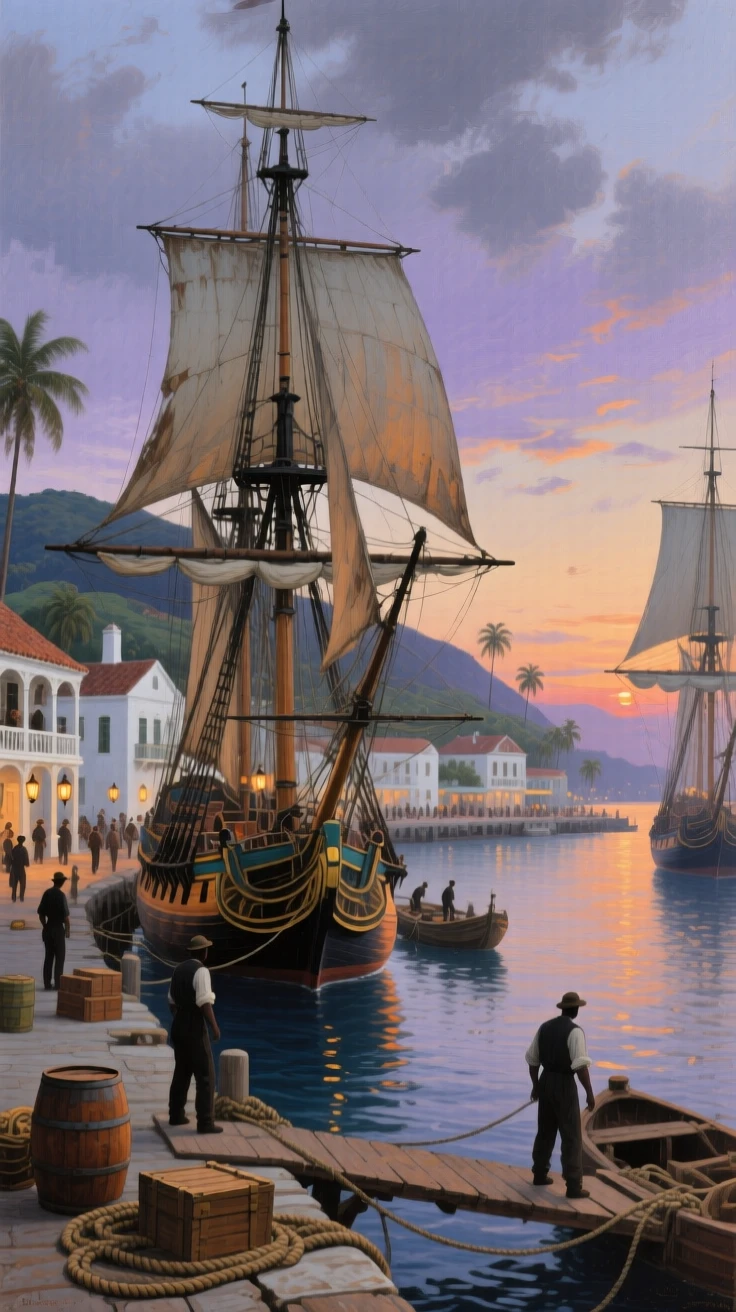 A broad landscape view of a bustling harbor filled with tall-masted sailing ships, in a Caribbean port town, in the Edwardian era, at dusk.