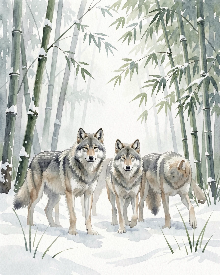 A wolf pack in a snowy forest in a peaceful bamboo forest with its ears perked up.