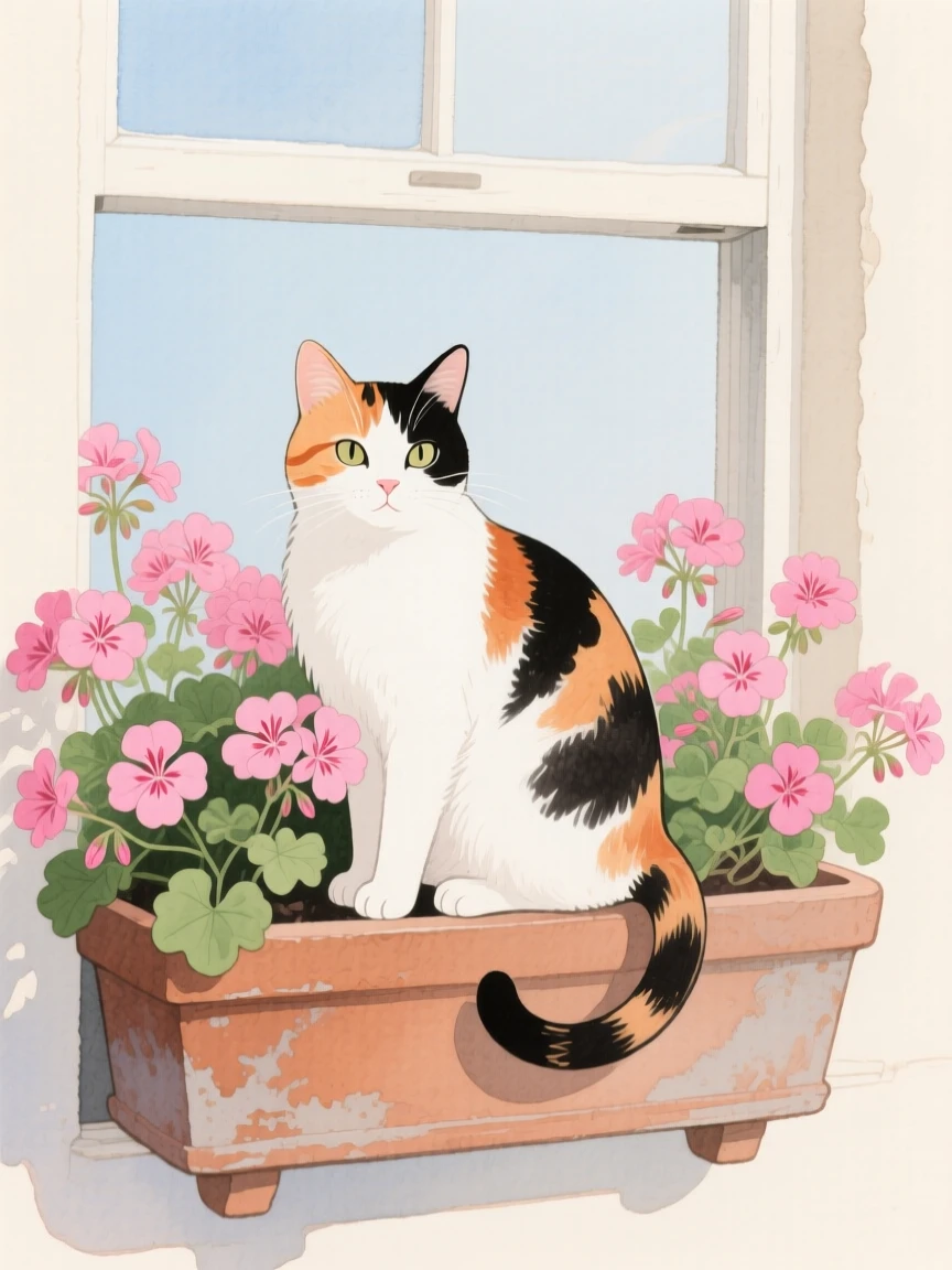 A calico cat sits in an open window box overflowing with pink geraniums, tail curled around a clay flower pot