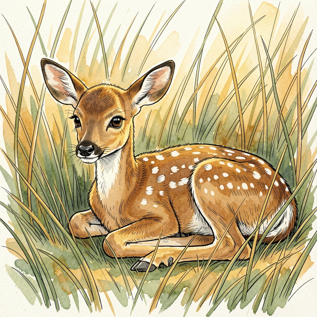 A young fawn resting quietly in tall grass, barely visible in the dappled light, the golden light of late afternoon warming the scene.