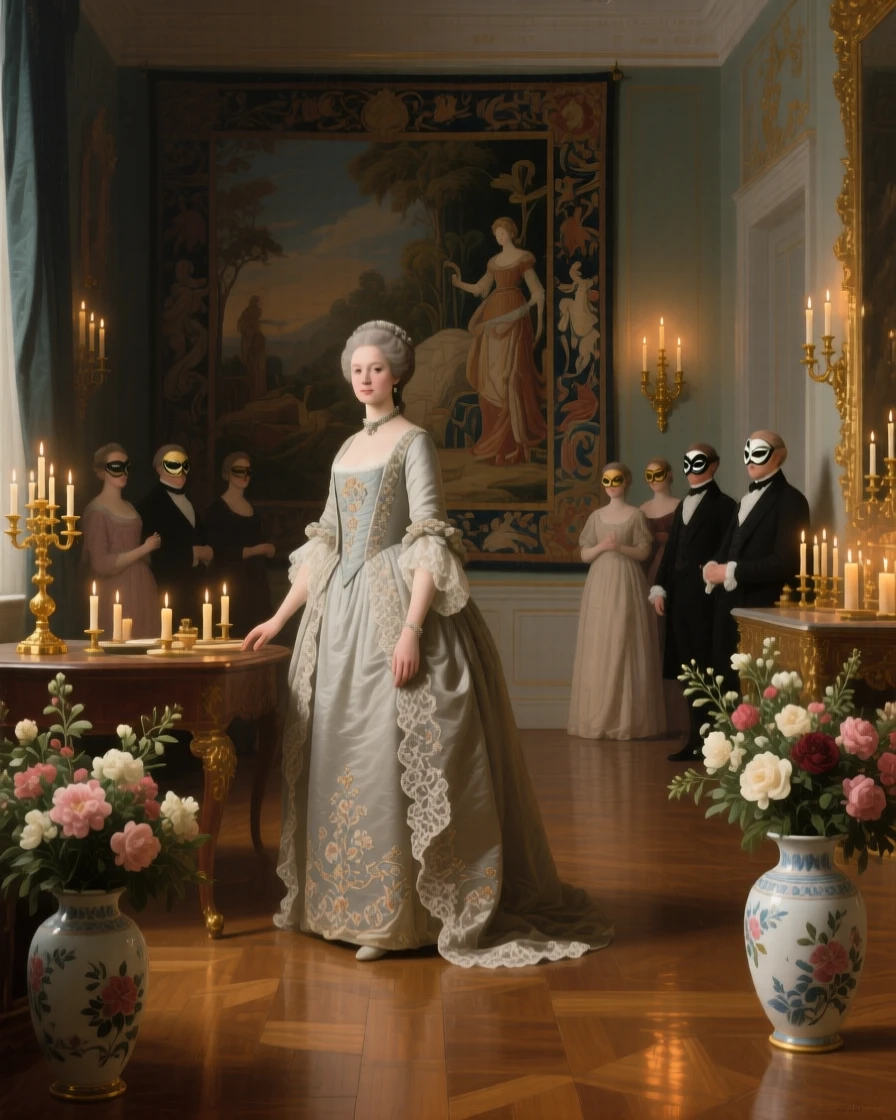 A baroness overseeing preparations for a masked ball as candlelight flickers across polished floors, set in a richly furnished drawing room with tapestried walls, with fresh flowers arranged in porcelain vases throughout the room; converging sightlines from the guests draw attention to the central gesture, evoking refinement, tradition, and quiet opulence.