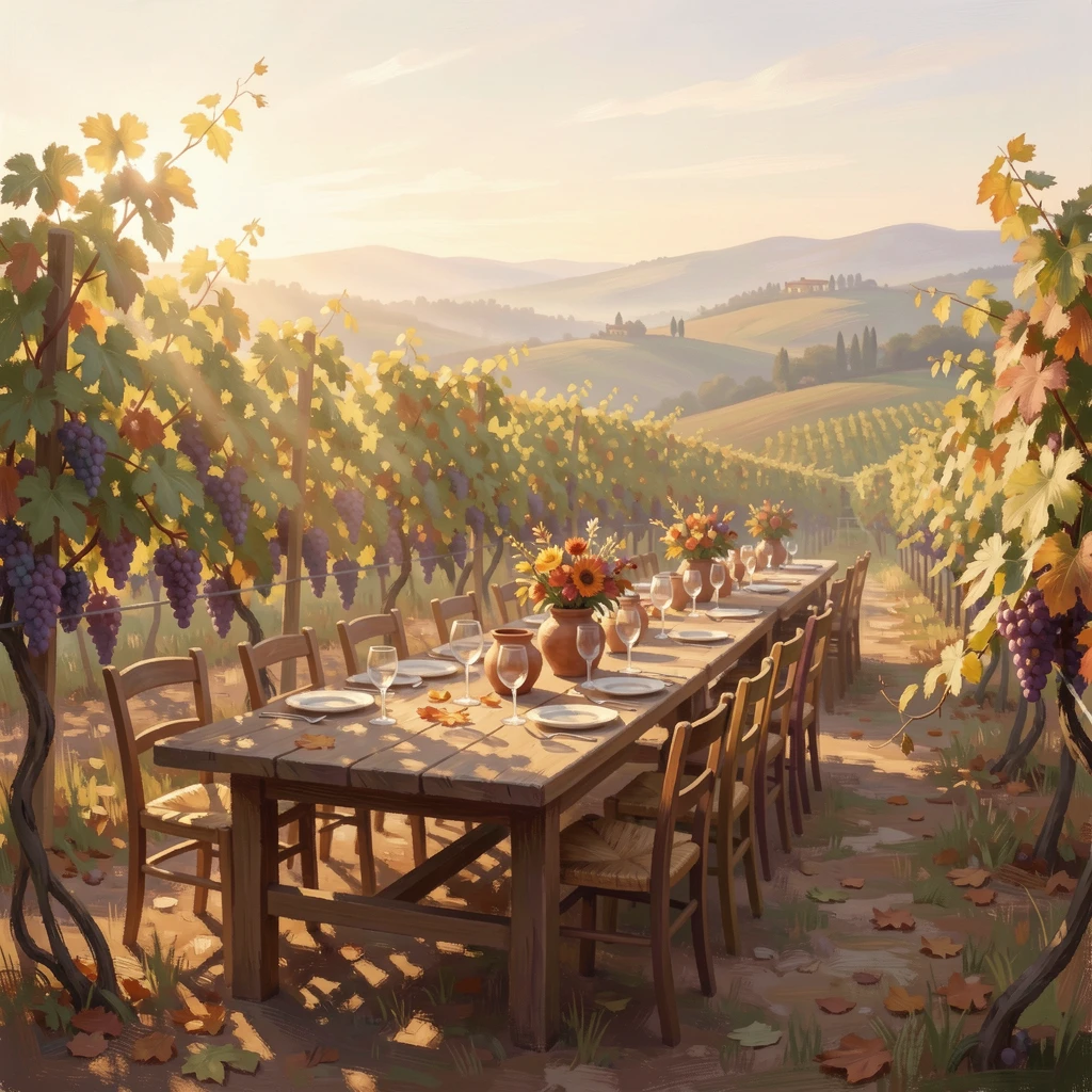 A rustic vineyard estate in the hills of Tuscany, long tables set for a golden-hour harvest feast.