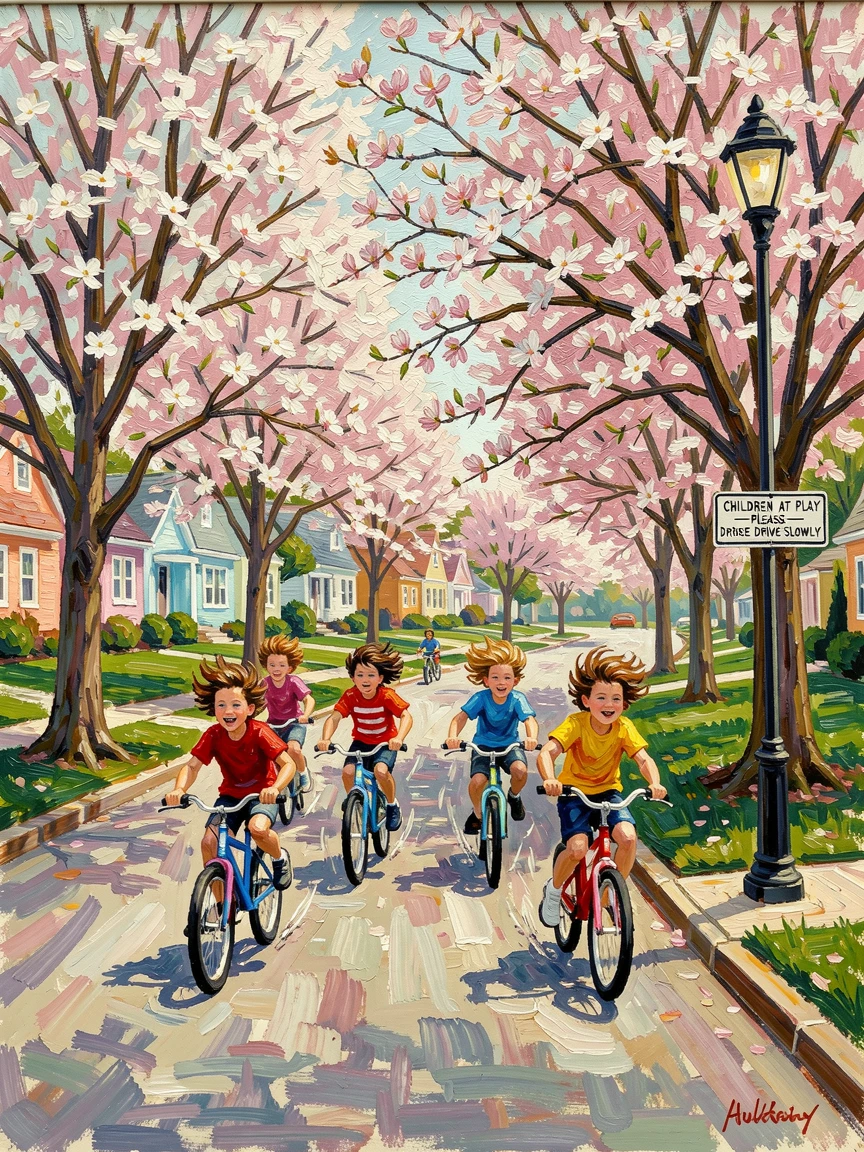 Children racing bicycles down a quiet suburban street lined with blooming dogwoods.