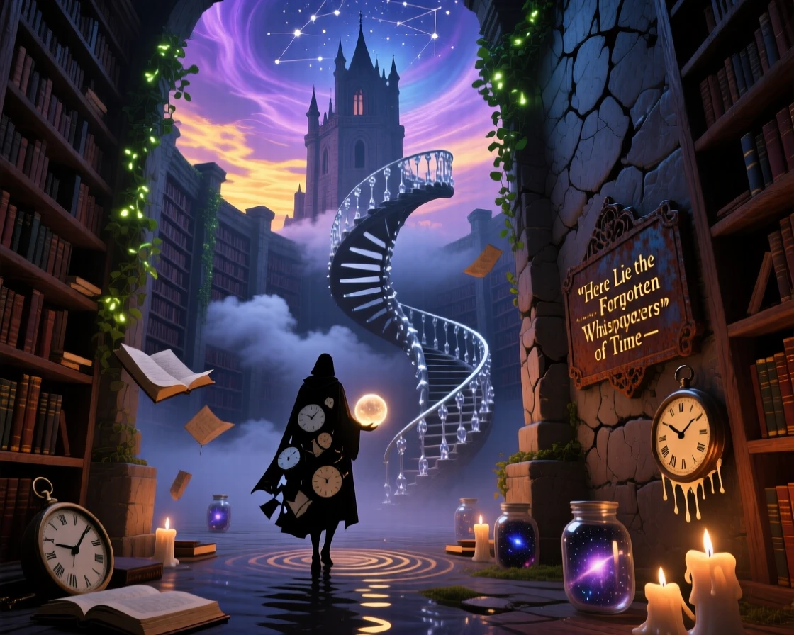 A castle tower library where the books whisper faintly to themselves holds its secrets quietly behind crumbling stone walls, while a single figure explores its quiet, echoing halls.
