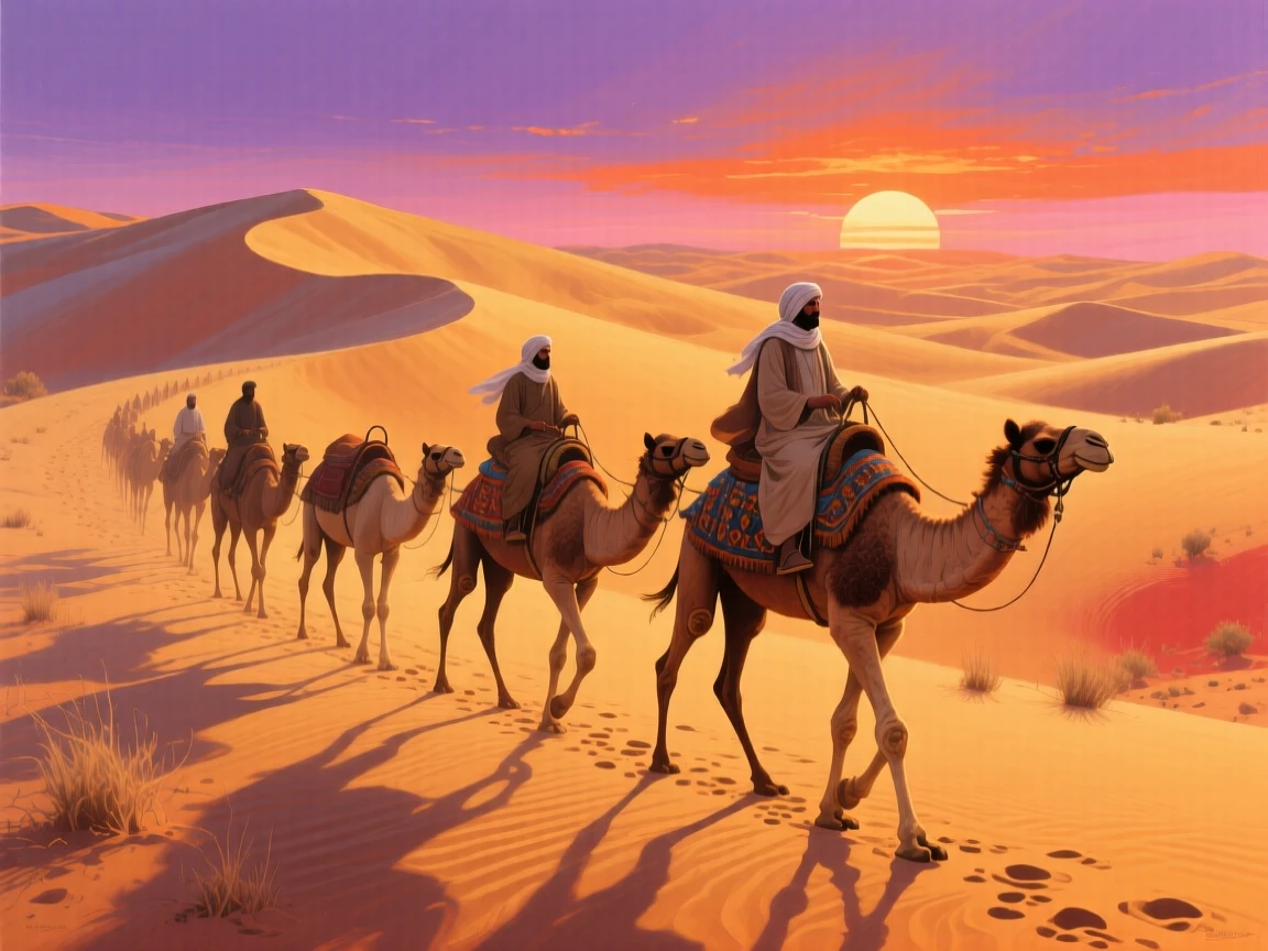 A majestic camel caravan crosses the golden dunes of the Sahara at sunset, silhouettes stretching long across the rippled sand, small environmental cues, like tracks or disturbed grass, hinting at its recent movement.