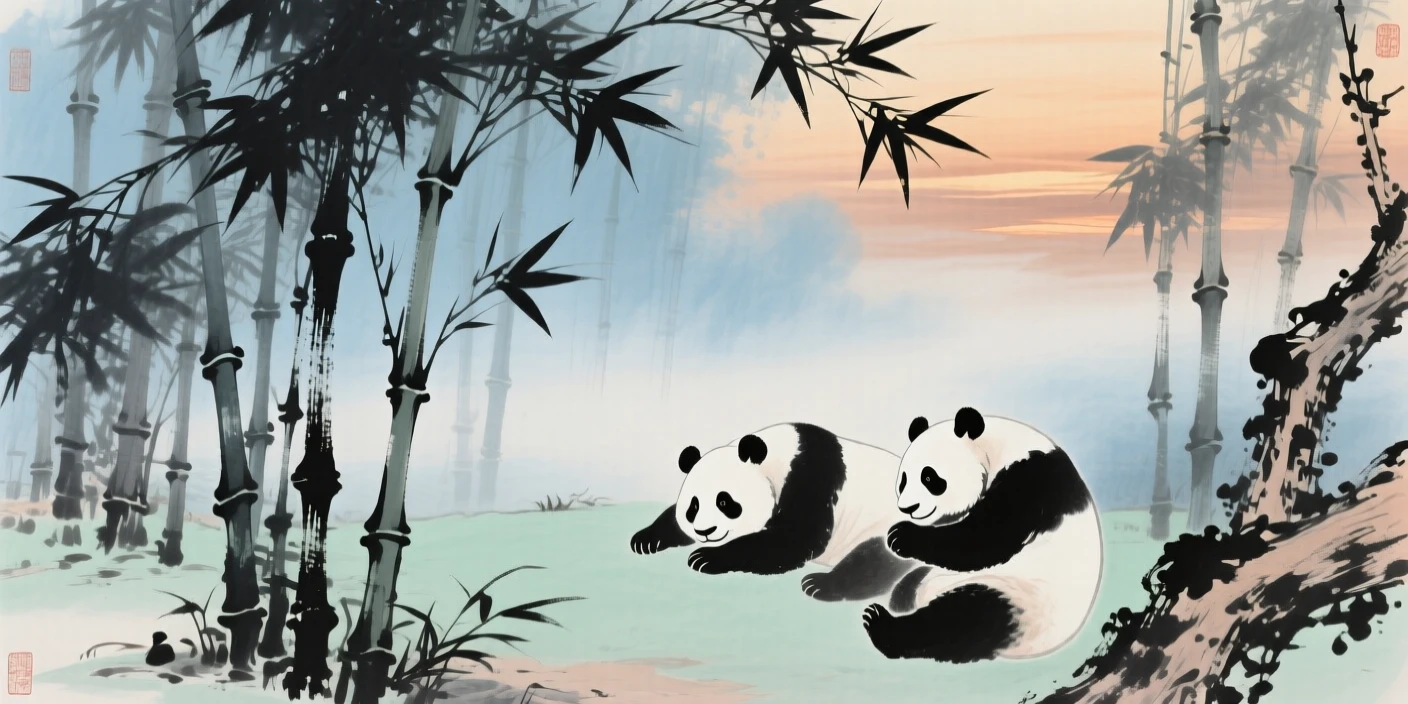 A bamboo grove home to a family of pandas at rest, at dusk, through a light drifting mist.