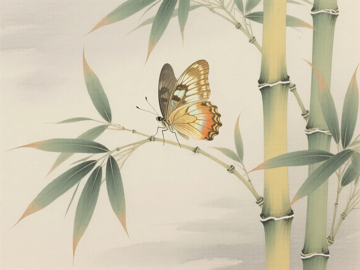 A butterfly nestled among bamboo stalks