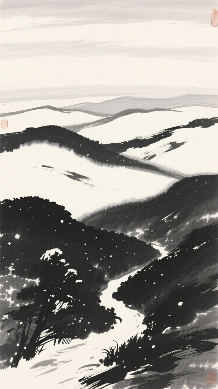 A chain of rolling hills fading into the horizon under a pale winter sky heavy with unfallen snow, captured from a narrow path winding into the depth of the scene, conveying calm reflection and gentle isolation.